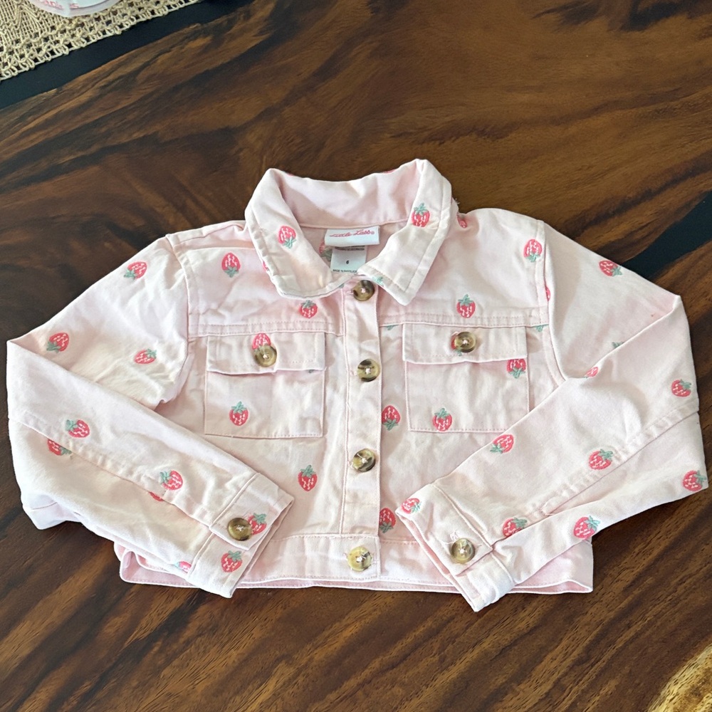 Little Lass Pink Denim Jacket with Strawberry Print